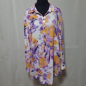 Ann Klein Silk Long Sleeve Popover Top Womens Size XL Purple Floral Flowy